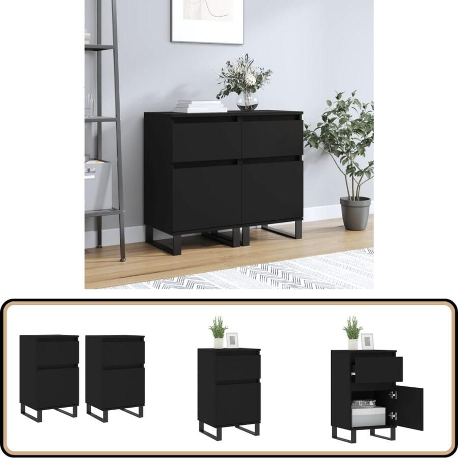 VidaXL Dressoirs 2 stuks Zwart Bewerkt Hout Dressoir Zwarte Kast Houten Dressoir Opbergkast Salontafel - Foto 2
