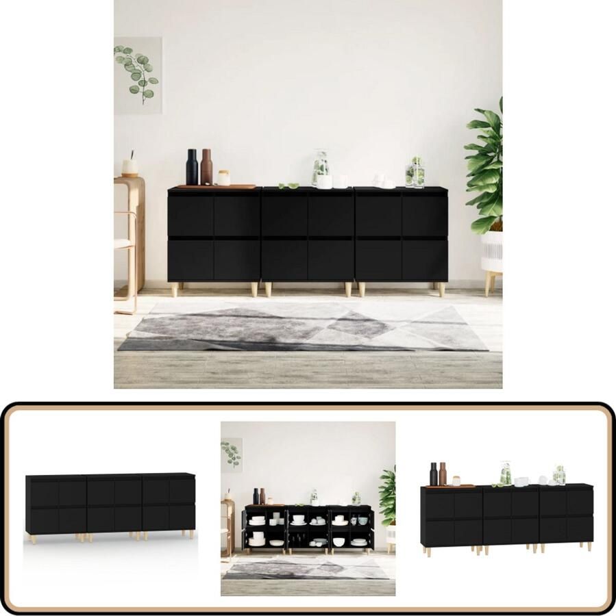 VidaXL Dressoir Set 3 Stuks Zwart Hout Dressoir Commode Houten Dressoir Zwart Dressoir Vintage Dressoir