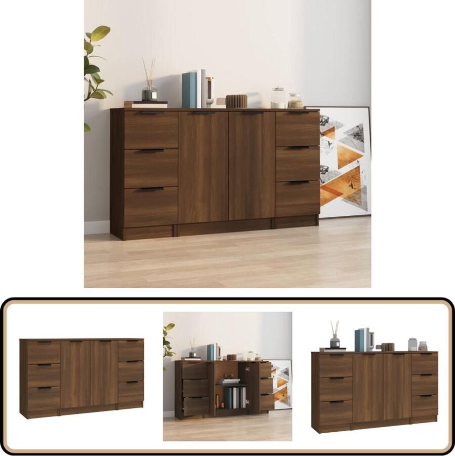 VidaXL Dressoirs 3 stuks Bruineiken Bewerkt hout Dressoirs Houten Dressoirs Opbergmeubilair Salontafel Tv Tafel
