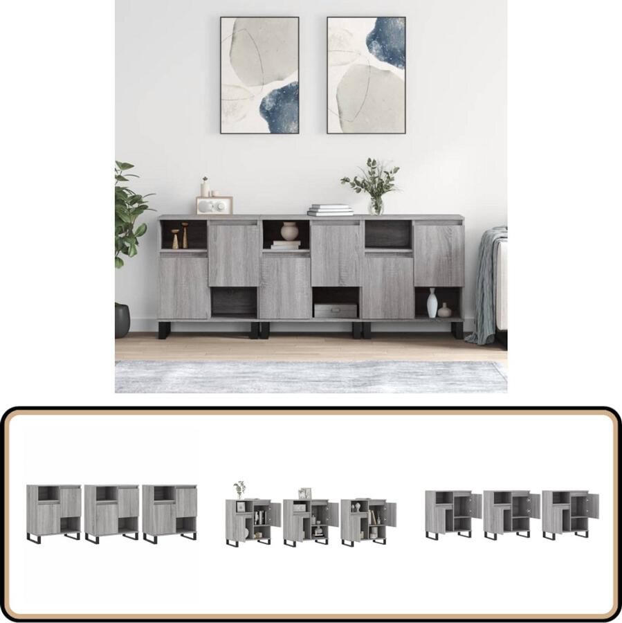 VidaXL Dressoirs 3 st Grijs Sonoma Eiken Dressoir Grijze Dressoir Sonomane Eiken Dressoir Houten Dressoir Salontafel