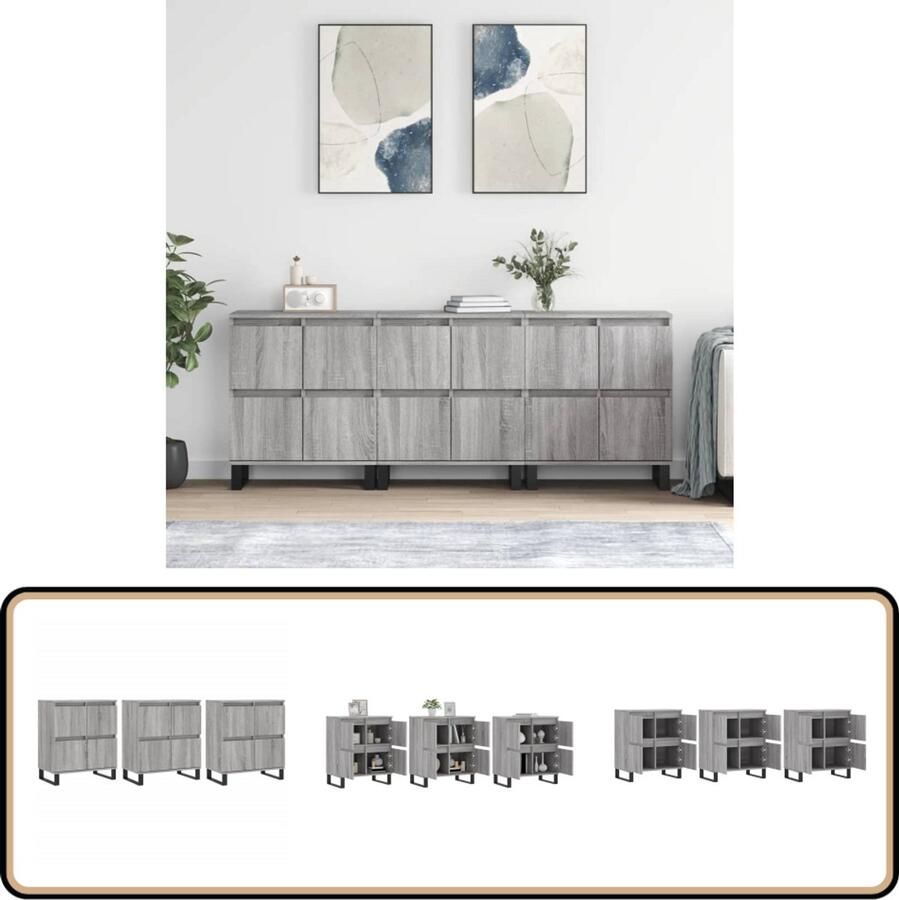 VidaXL Dressoirs Grijs Sonoma Eiken Set van 3 Dressoir Commode Vintage Meubel Houten Dressoir Grijze Dressoir