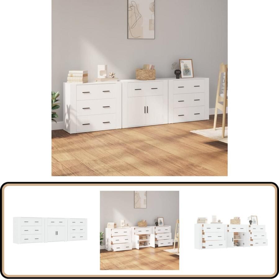 VidaXL Dressoirs Set van 3 Wit Bewerkt Hout Dressoirs Witte Dressoirs Houten Dressoirs Opbergkasten Salontafel