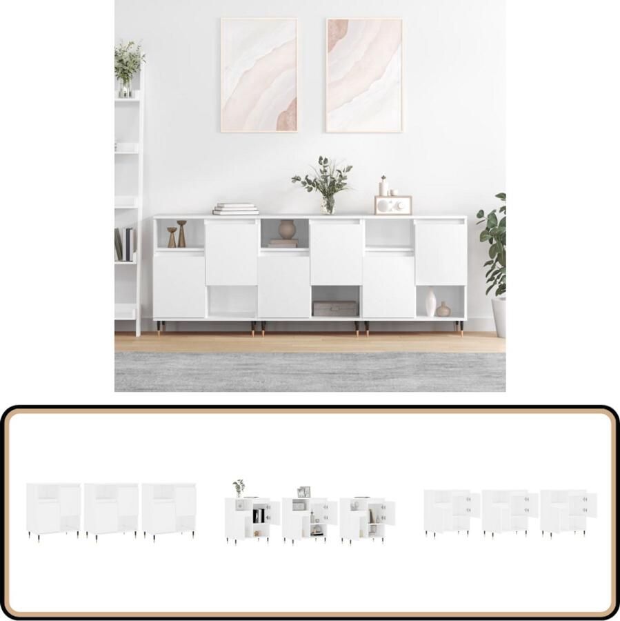 VidaXL Dressoir Set Wit Bewerkt Hout 3 Stuks Dressoir Commode Vintage Meubel Houten Dressoir Wit Dressoir