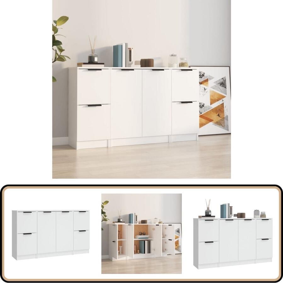 VidaXL Dressoirs 3-delig Wit Bewerkt Hout Dressoir Minimalistisch Design Houten Dressoir Wit Dressoir Opbergkast