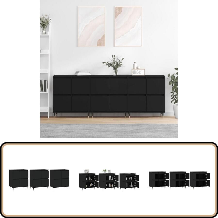 VidaXL Dressoirs Set van 3 Bewerkt hout Zwart Dressoir Klassiek Meubel Houten Dressoir Zwarte Dressoir Opbergmeubel