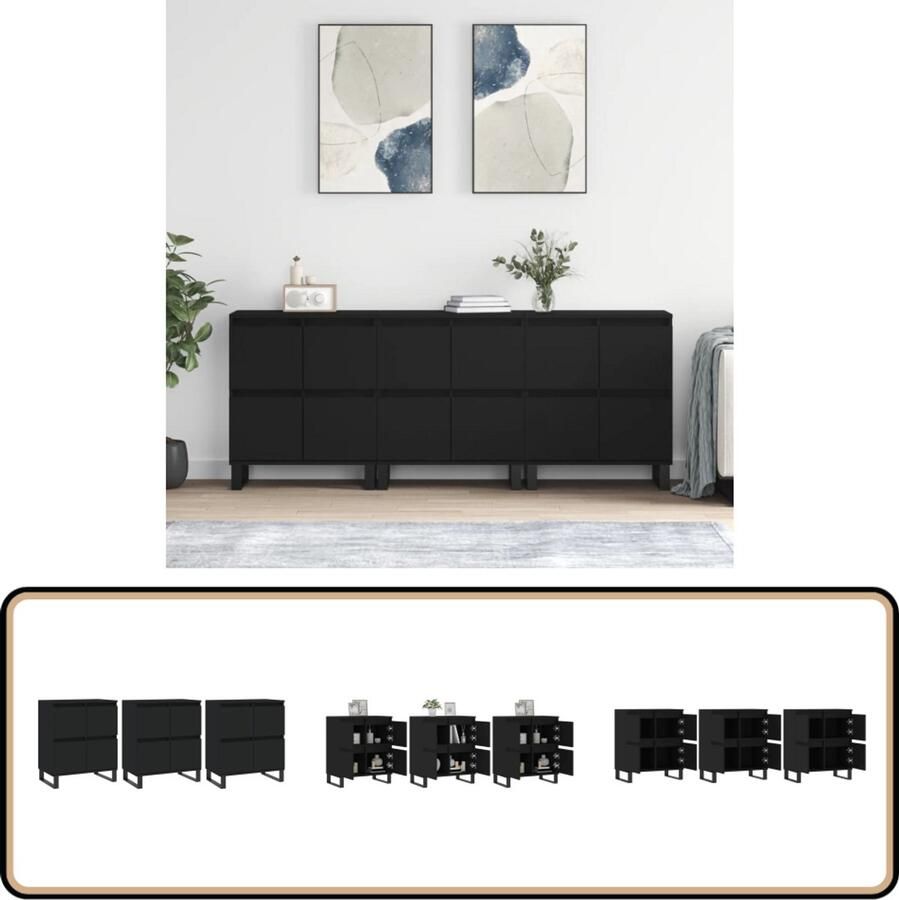 VidaXL Dressoirs 3 st zwart bewerkt hout en metaal Dressoir Klassiek Meubel Houten Dressoir Zwarte Dressoir Opbergmeubilair