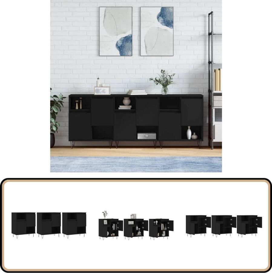 VidaXL Dressoirs Zwart Bewerkt hout Set van 3 Dressoir Klassiek Meubel Houten Dressoir Zwarte Dressoir Opbergkast