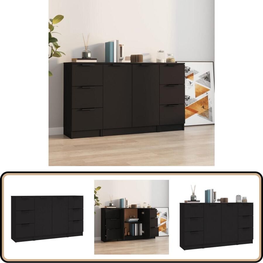 VidaXL Dressoir Set 3 stuks Zwart Bewerkt Hout Dressoir Houten Dressoir Zwarte Dressoir Multifunctionele Kast Opbergkast