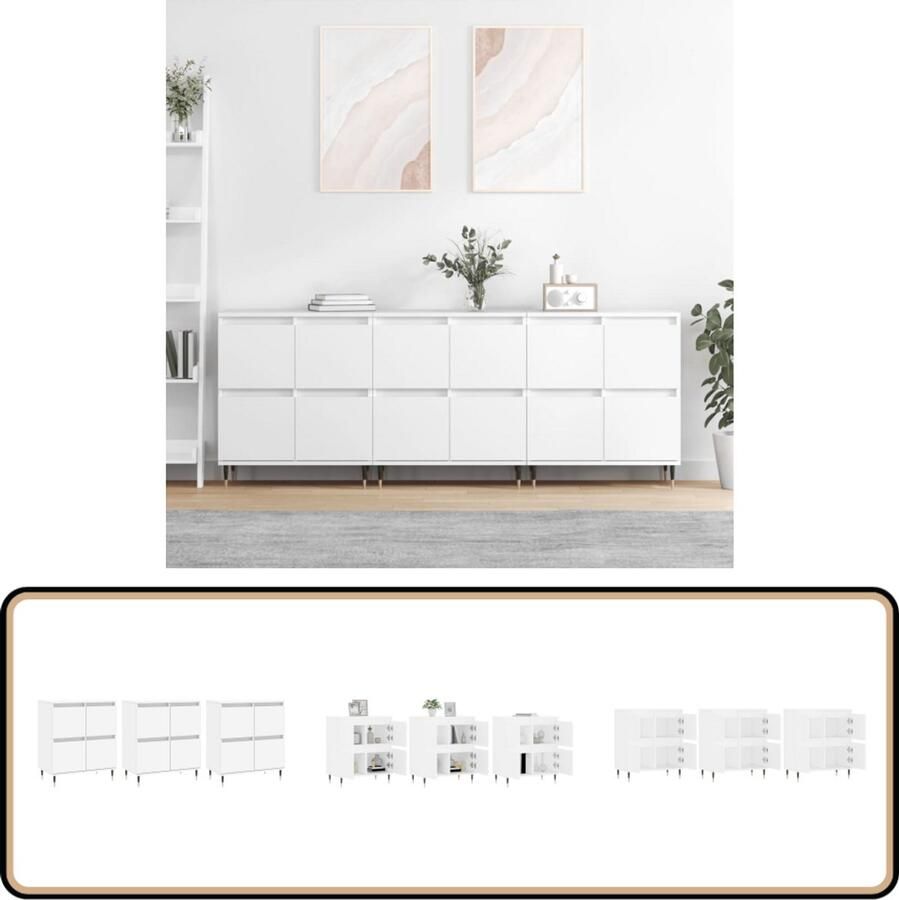 VidaXL Dressoirs 3 st wit Bewerkte hout look Klassieke Dressoir Houten Dressoir Wit Dressoir Opbergen Salontafel - Foto 2