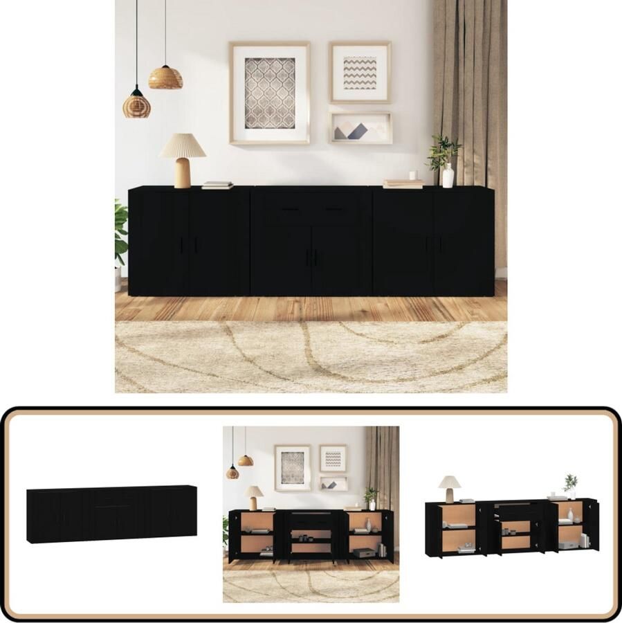 VidaXL Dressoirs 3 stuks Bewerkt Hout Zwart Dressoir Houten Dressoir Zwarte Dressoir Vintage Dressoir Salontafel - Foto 2