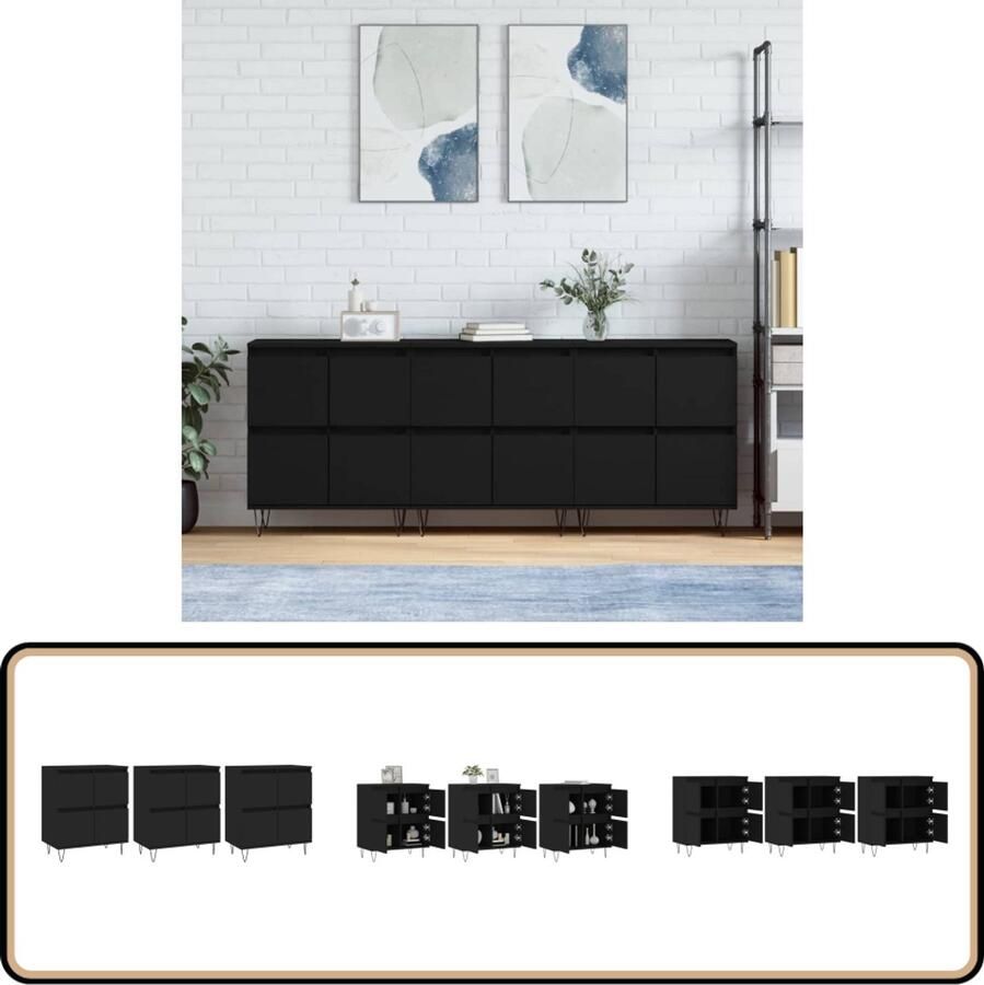VidaXL Dressoirs 3 stuks Bewerkt hout Zwart Dressoir Modern Dressoir Zwarte Dressoir Houten Dressoir Metalen Dressoir - Foto 2