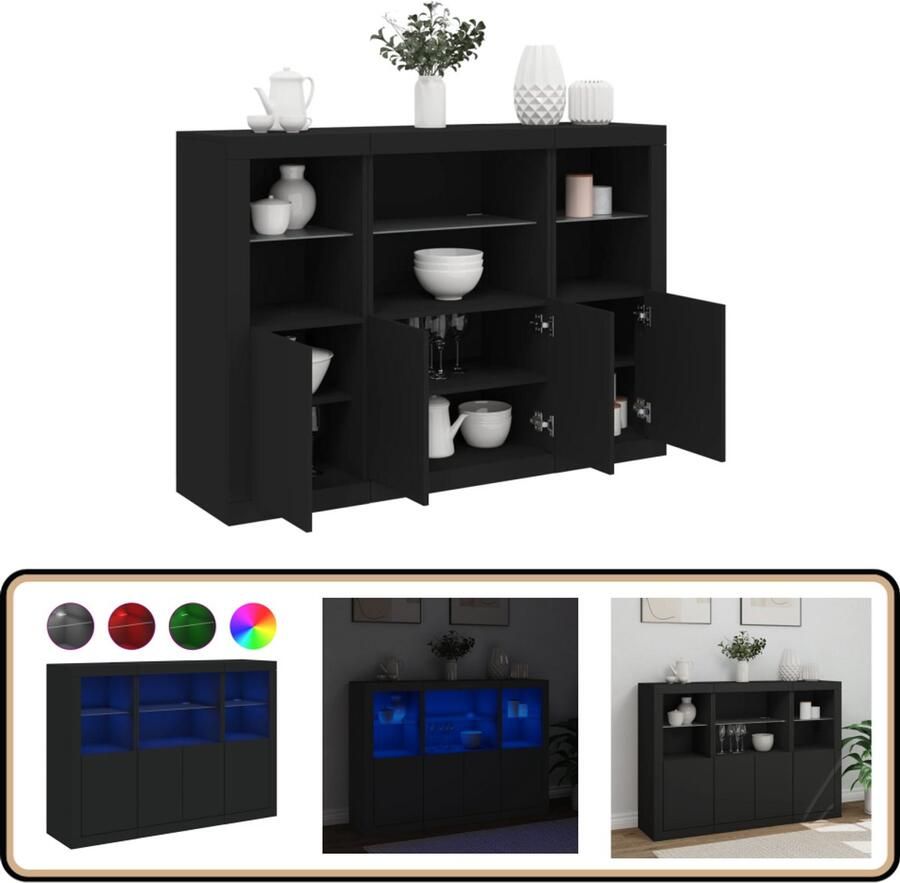 VidaXL Dressoirs 3 stuks Bewerkt hout Zwart Dressoir Modern Meubel Led Verlichting Opberg Kast Tv Stand - Foto 2