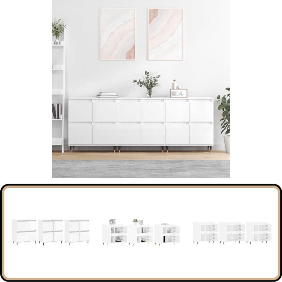 VidaXL Dressoirs 3 stuks Hoogglans Wit Bewerkt Hout Dressoir Klassiek Meubel Witte Dressoir Opbergkasten Badkamermeubilair - Foto 2