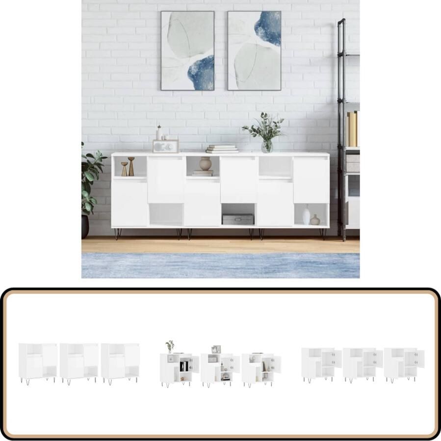 VidaXL Dressoirs 3 stuks Hoogglans wit Bewerkt hout Klassieke Dressoirs Witte Dressoirs Voor Woonkamer Houten Dressoirs Opbergkasten - Foto 2