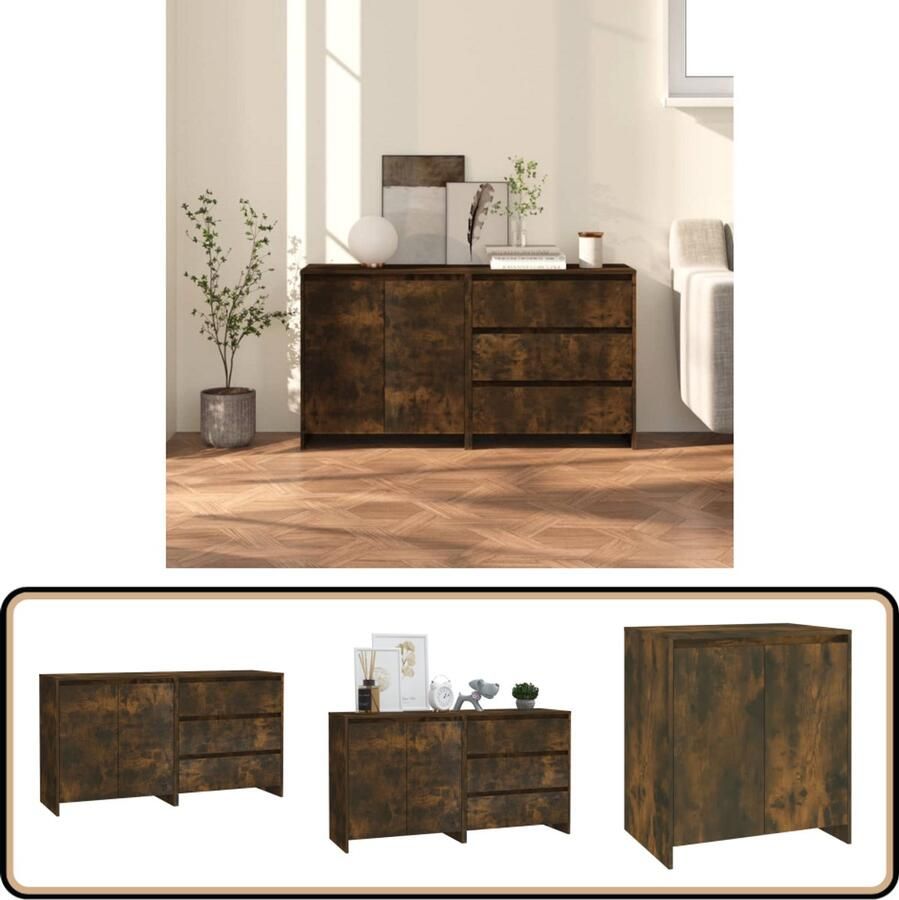 VidaXL Dressoirs Bewerkt hout Gerookt eiken 2 stuks Bijzettafel Dressoir Opbergkast Houten Kast Bruine Kast - Foto 2