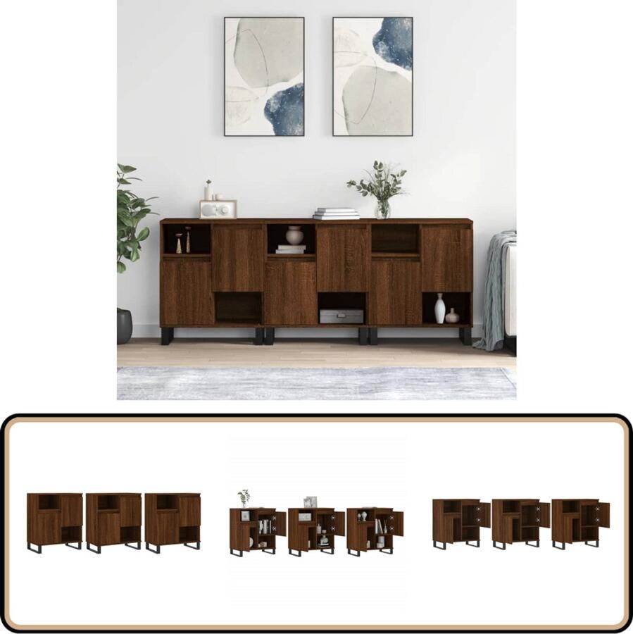 VidaXL Dressoirs Bruin Eiken Set van 3 Dressoir Houten Dressoir Vintage Dressoir Woonkamermeubel Opbergkast - Foto 2