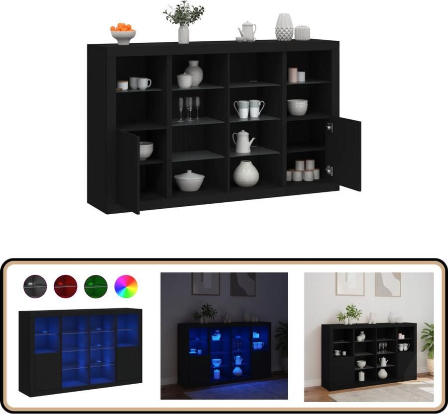 VidaXL Dressoirs Hout en Glas Zwart LED 3 Stuks Dressoir Modern Meubel Led Verlichting Opbergkast Woonkamerdecoratie - Foto 2