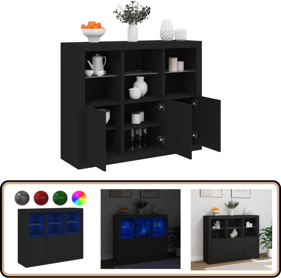 VidaXL Dressoirs LED-verlichting Zwart 3 stuks Dressoir Modern Meubel Led Verlichting Opberg Kast Woonkamer Meubilair - Foto 2