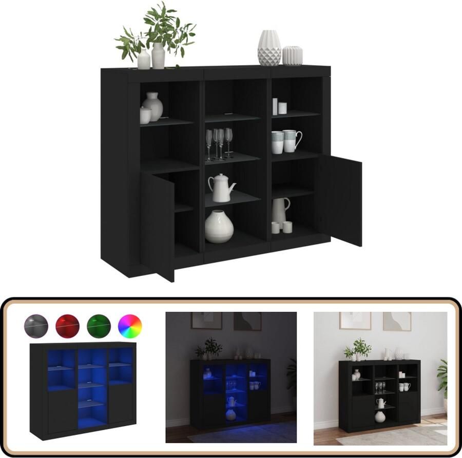VidaXL Dressoirs LED-verlichting Zwart 3 stuks Dressoir Modern Meubel Led Verlichting Opberg Kast Houten Dressoir - Foto 2