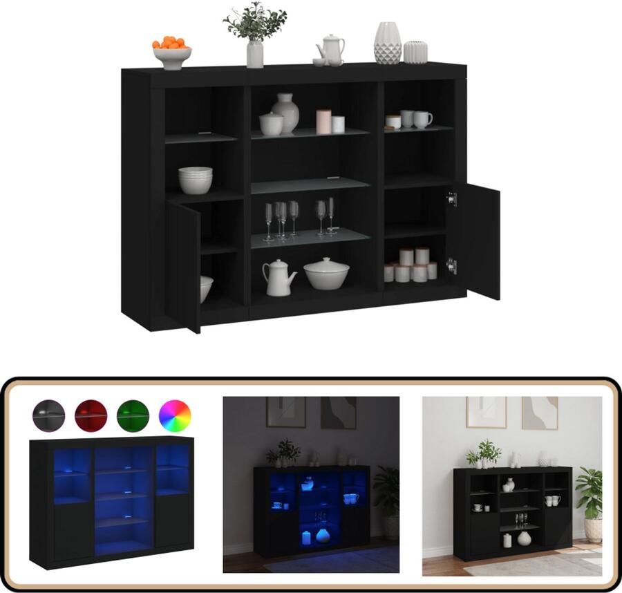 VidaXL Dressoirs LED Verlichting Zwart Set van 3 Dressoir Modern Meubel Led Verlichting Houten Kast Opbergruimte - Foto 2