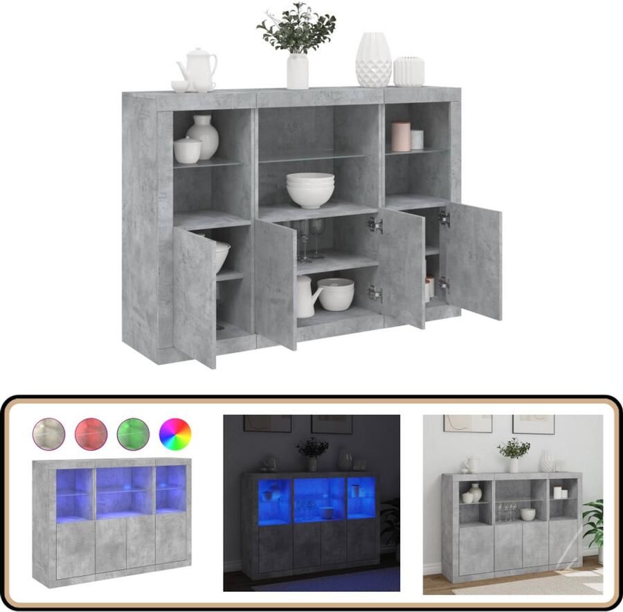 VidaXL Dressoirs met LED 3-delig Betongrijs Dressoir Moderne Kast Led Verlichting Opbergkast Tv Stand - Foto 2