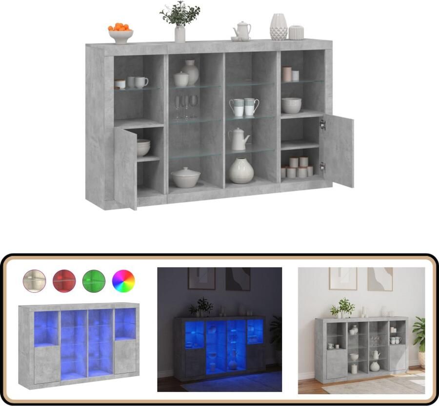 VidaXL Dressoirs met LED-verlichting Set van 3 Dressoir LED-verlichting Houten Kast Betongrijs Opbergruimte