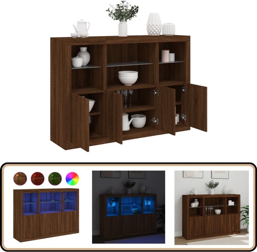 VidaXL Dressoir Set Bruineiken met LED 3 stuks Dressoir Modern Dressoir Led Dressoir Houten Dressoir Bruine Eiken Dressoir - Foto 2
