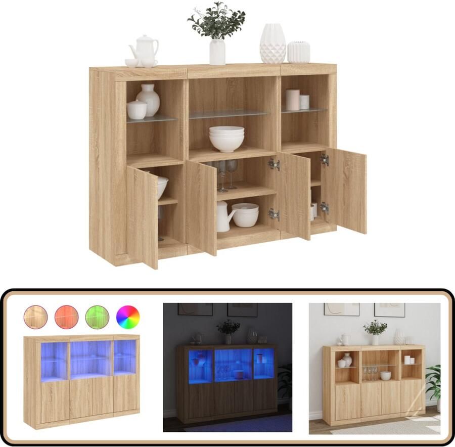 VidaXL Dressoirs Sonoma Eiken LED Set van 3 Dressoir Modern Meubel Houten Kast Led Verlichting Opbergruimte
