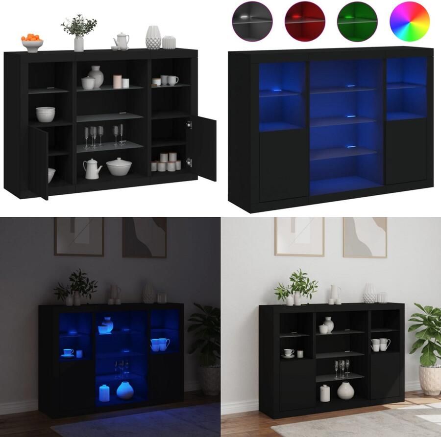 VidaXL Dressoirs met LED-verlichting 3 st bewerkt hout zwart Dressoir Dressoirs Buffet Dressoirkast