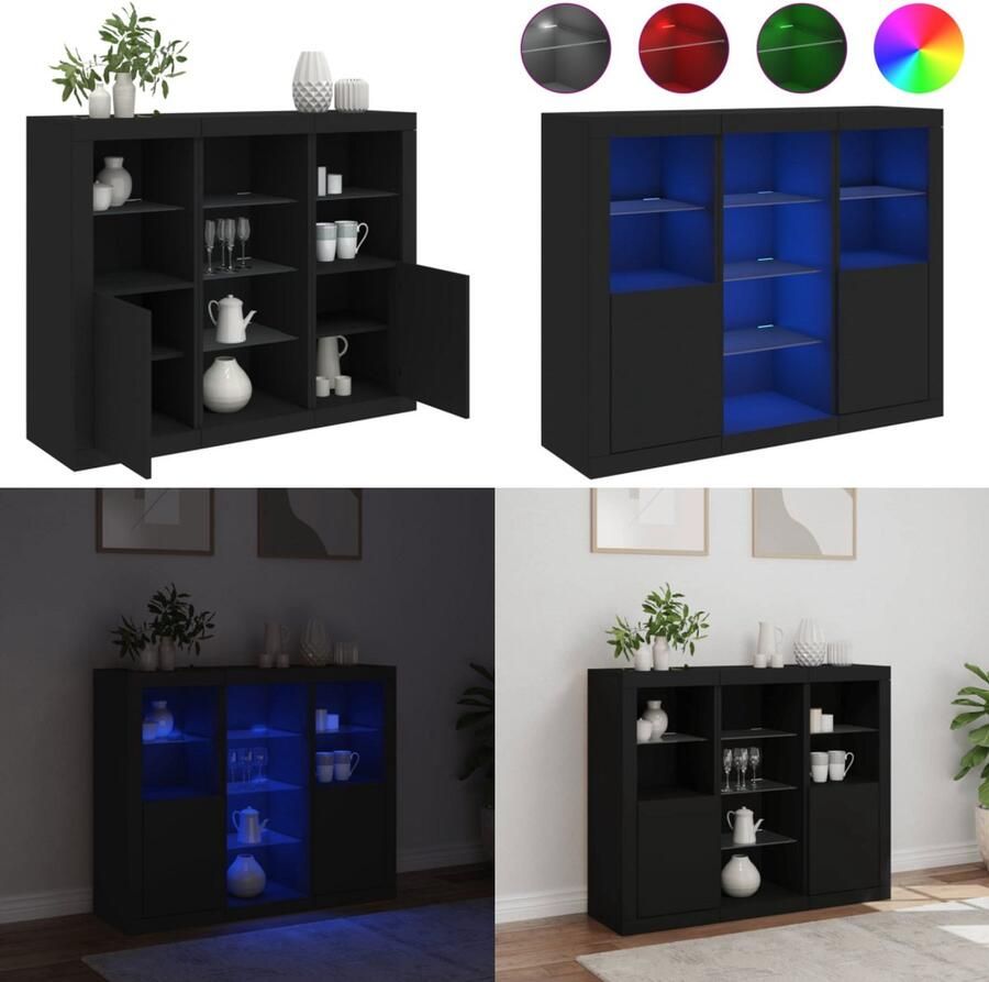 VidaXL Dressoirs met LED-verlichting 3 st bewerkt hout zwart Dressoir Dressoirs Buffet Dressoirkast