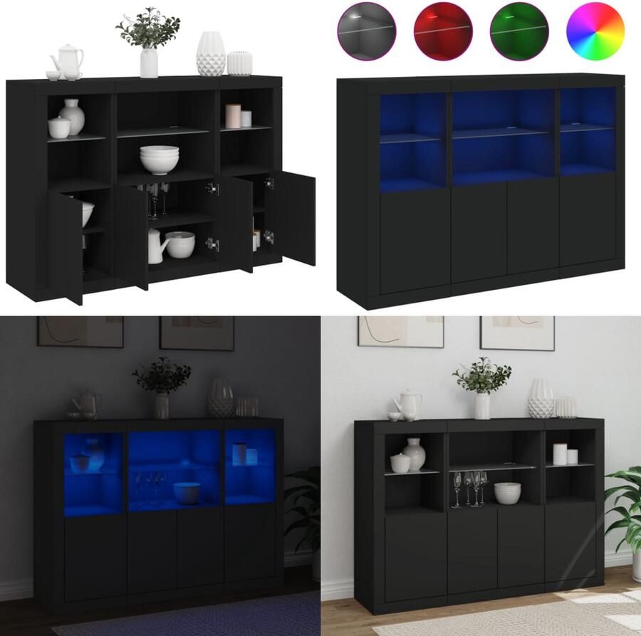 VidaXL Dressoirs met LED-verlichting 3 st bewerkt hout zwart Dressoir Dressoirs Buffet Dressoirkast