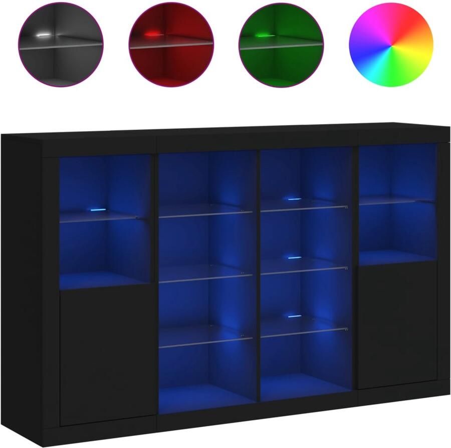 VidaXL Dressoirs Hout en Glas Zwart LED 3 Stuks Dressoir Modern Meubel Led Verlichting Opbergkast Woonkamerdecoratie