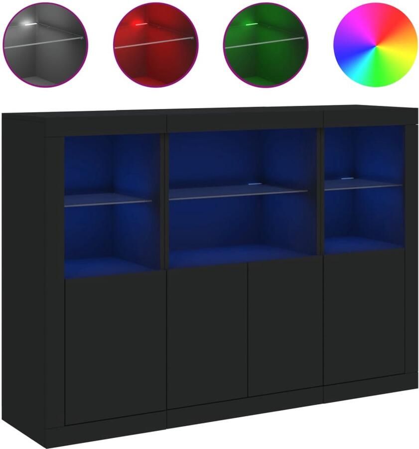 VidaXL Dressoirs 3 stuks Bewerkt hout Zwart Dressoir Modern Meubel Led Verlichting Opberg Kast Tv Stand