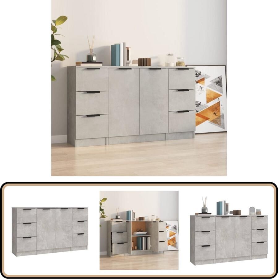 VidaXL Dressoirs Set van 3 Bewerkt Hout Betongrijs Dressoir Meubel Kast Bergruimte Betonlook - Foto 2
