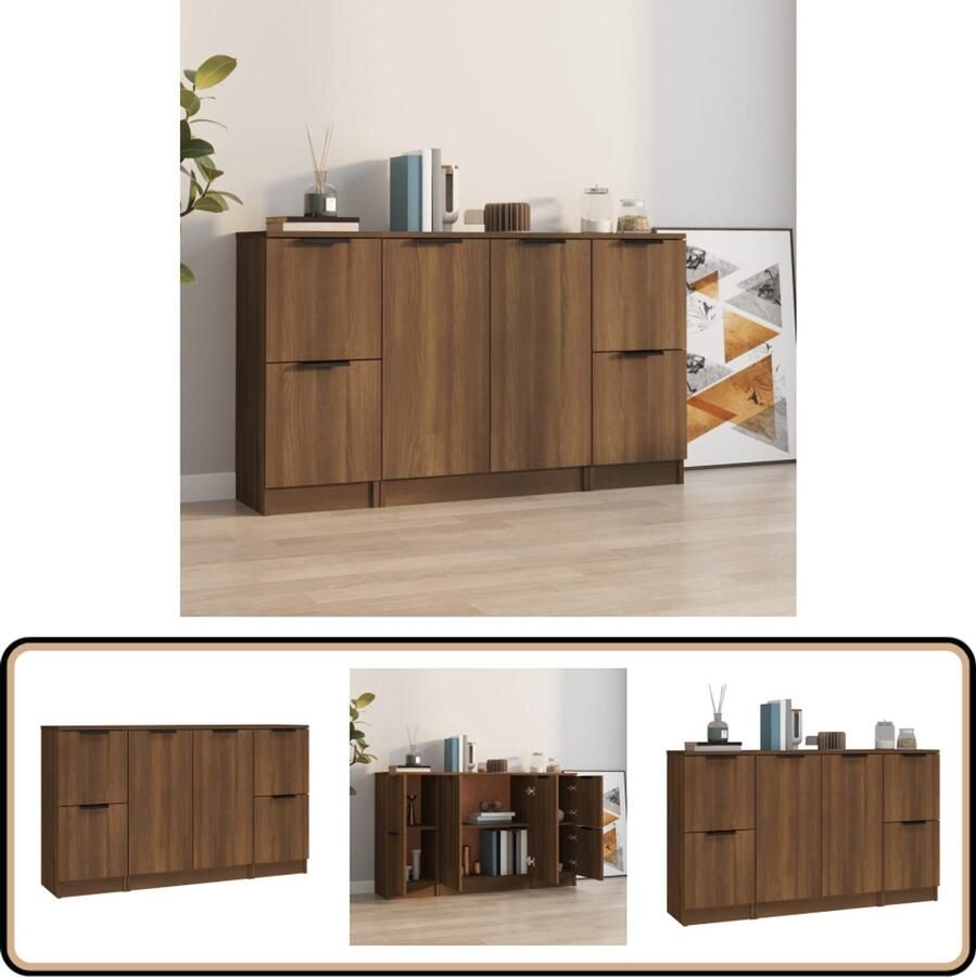 VidaXL Dressoirs Set van 3 Bruineiken Bewerkt hout Dressoir Minimalistisch Design Houten Dressoir Bruine Eik Opbergkast - Foto 2
