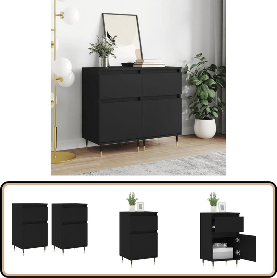 VidaXL Dressoirs Zwart 2 stuks 40x35x70 cm Dressoir Kast Opbergkast Houten Dressoir Zwart Dressoir - Foto 2