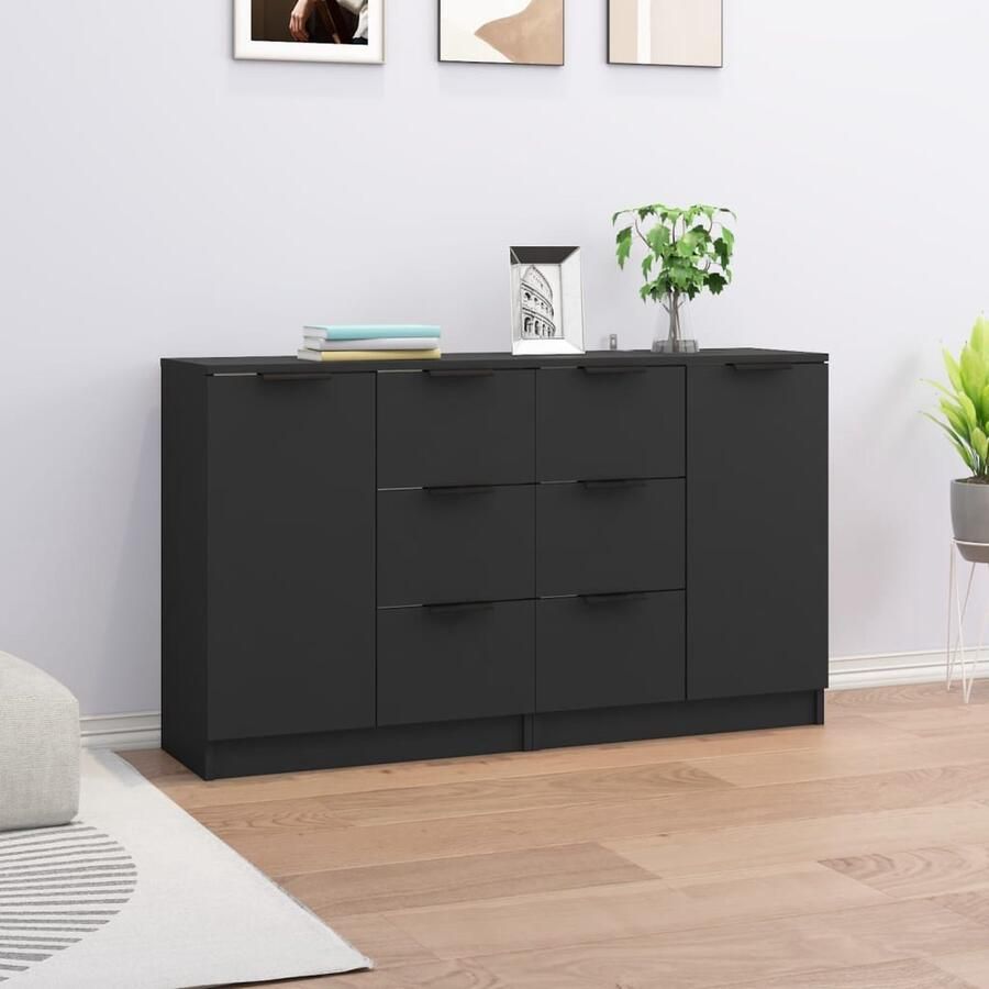 VidaXL Dressoirs Zwart Set van 2 Hout 60x30x70 cm Dressoir Houten Dressoir Zwarte Dressoir Salontafel Tv Tafel - Foto 2