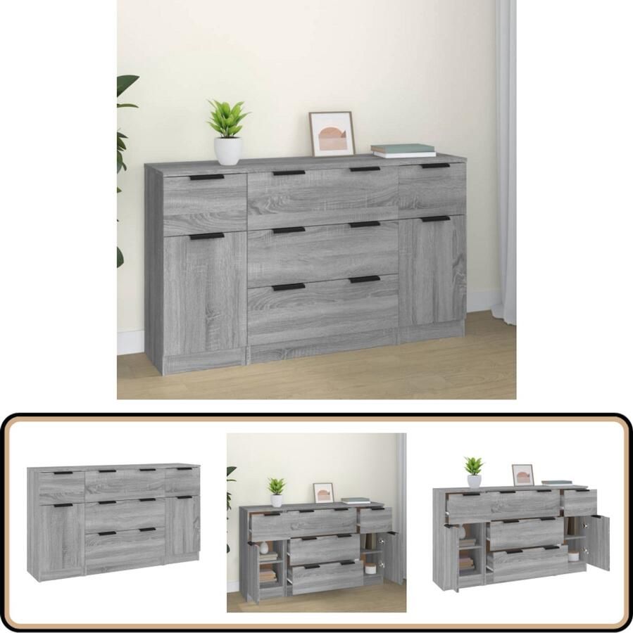 VidaXL Dressoirset 3-delig Grijs Sonoma Eiken Dressoir Kast Opbergruimte Grijze Dressoir Houten Dressoir - Foto 2