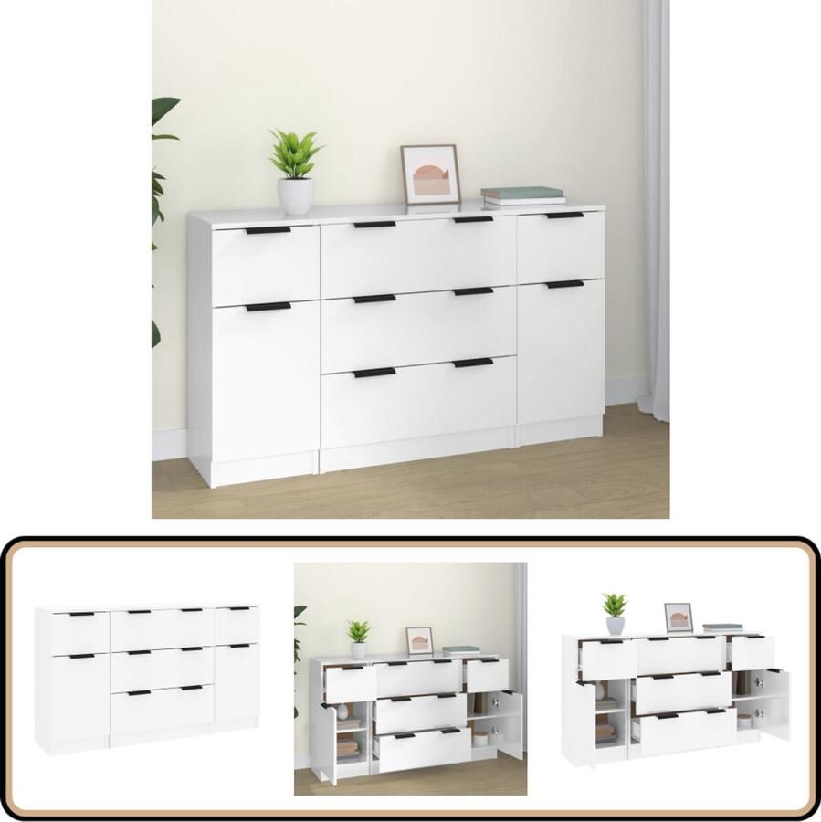 VidaXL Dressoirset Hoogglans Wit 3-Delig Wit Dessoir Dressoir Set Houten Dressoir Moderne Kast Minimalistisch Design - Foto 2