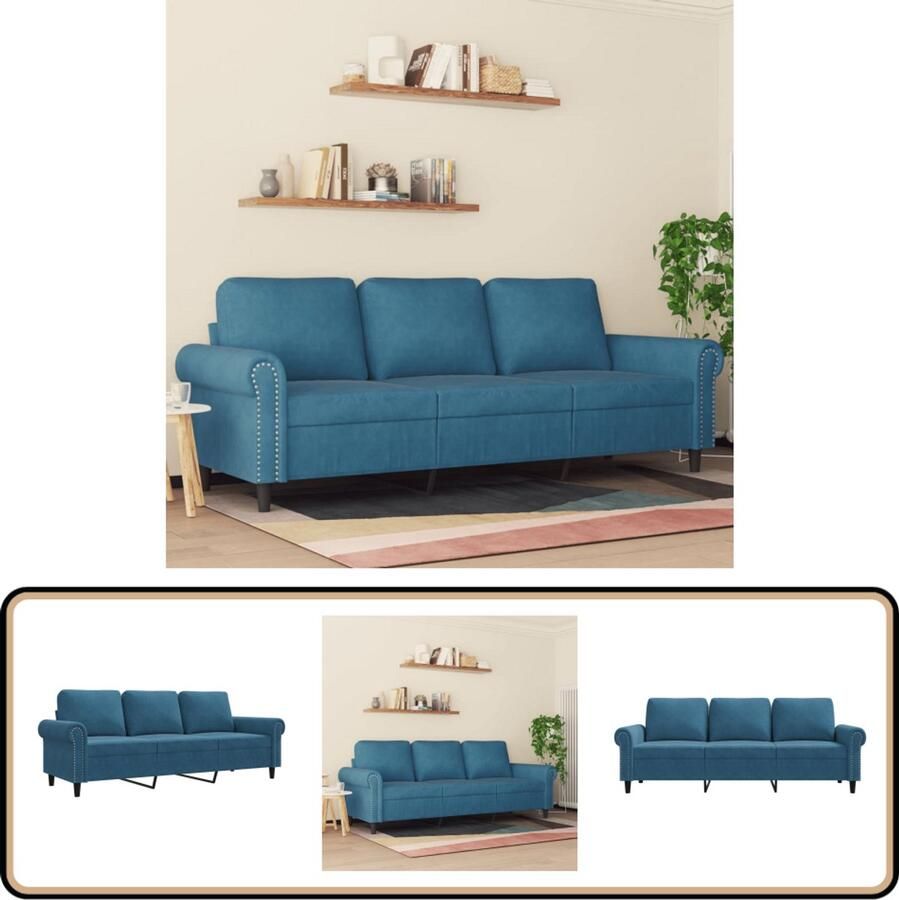 The Living Store Driezitsbank 180 cm fluweel blauw Drie Zitsbank Fluweelblad Blauwe Sofa Salontafel Living Room Decoratie