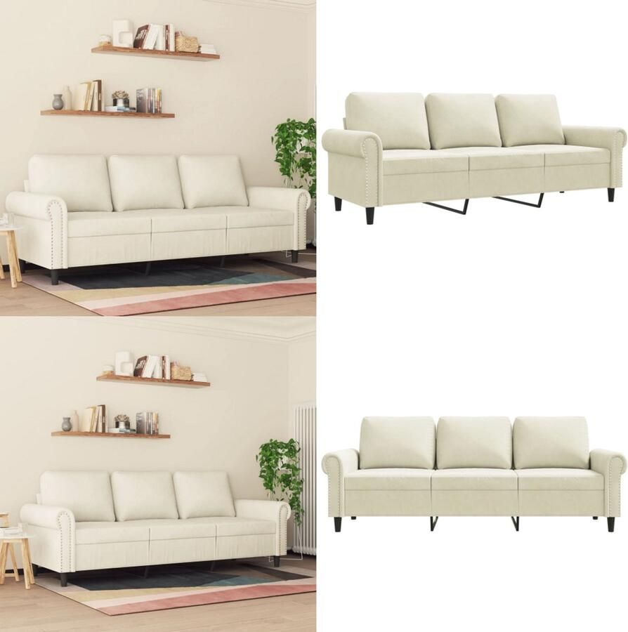 VidaXL Driezitsbank 180 cm fluweel crèmekleurig 3-zitsbank 3-zitsbanken Bank Sofa