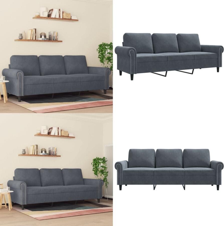 VidaXL Driezitsbank 180 cm fluweel donkergrijs 3-zitsbank 3-zitsbanken Bank Sofa - Foto 2