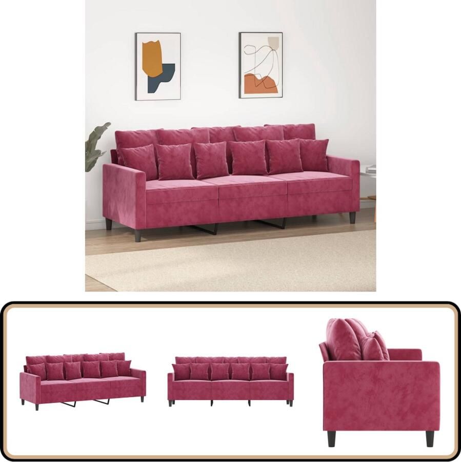 VidaXL Driezitsbank 180 cm Fluweel Wijnrood 3 Zits Bank Rode Bank Velvet Bank Lounge Bank Salon Meubilair
