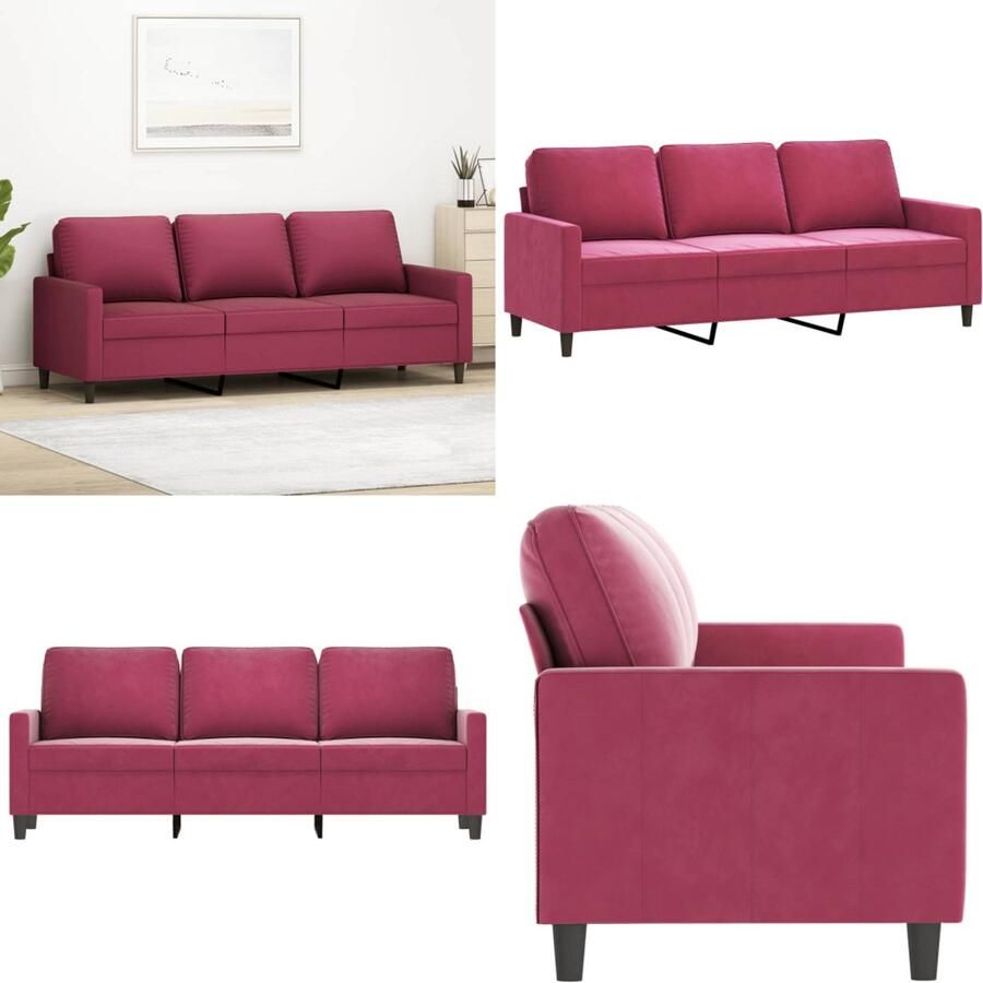 VidaXL Driezitsbank 180 cm fluweel wijnrood 3-zitsbank 3-zitsbanken Bank Sofa