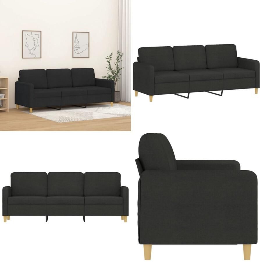 VidaXL Driezitsbank 180 cm stof zwart 3-zitsbank 3-zitsbanken Bank Driezitsbank