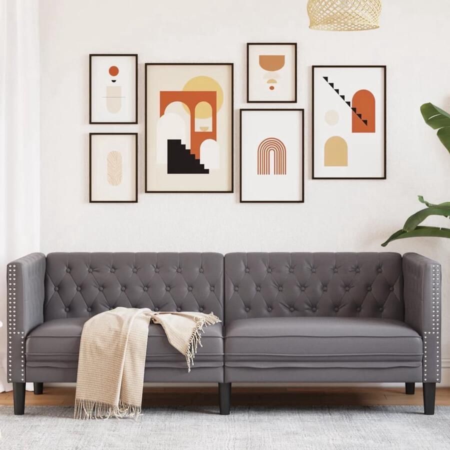 The Living Store Driezitsbank Chesterfield-stijl kunstleer grijs Drie Persoonsbank Chesterfield Bank Grijze Bank Lederlook Bank Salontafel - Foto 2