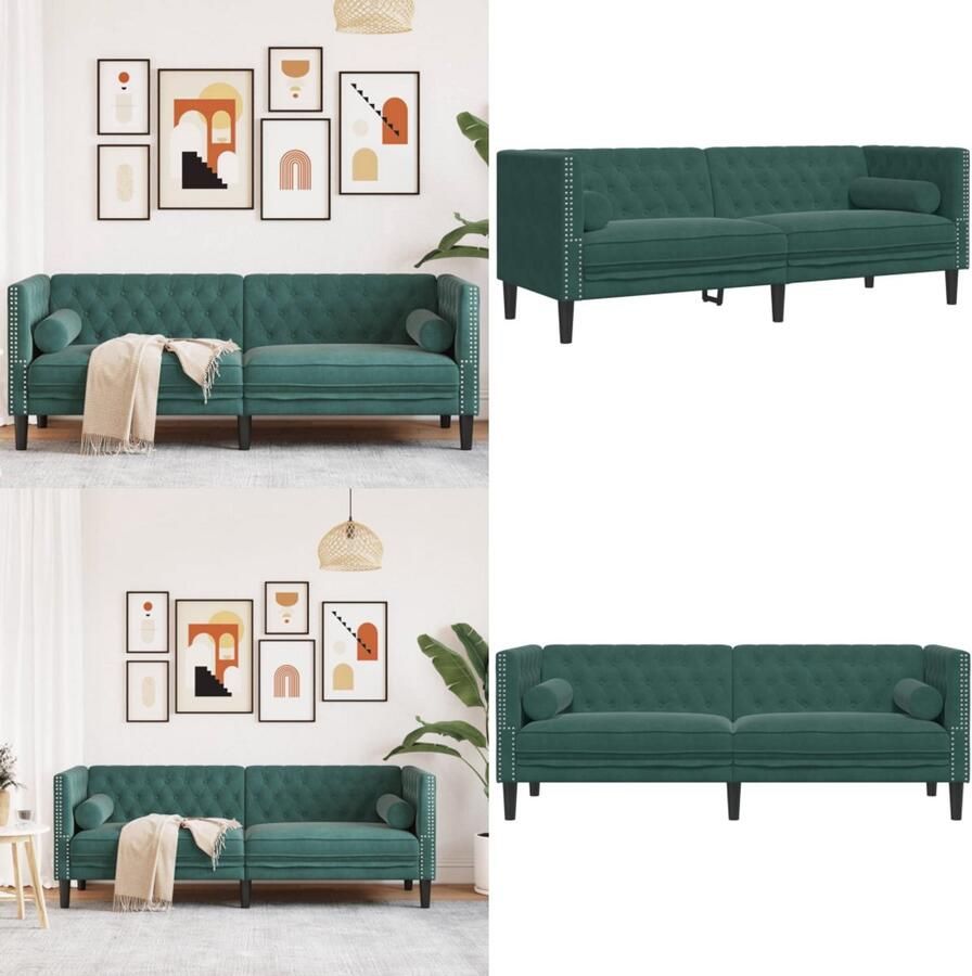 VidaXL Driezitsbank Chesterfield-stijl en bolsters fluweel donkergroen Chesterfield Bank Chesterfield Banken 3-zitsbank 3-zitsbanken