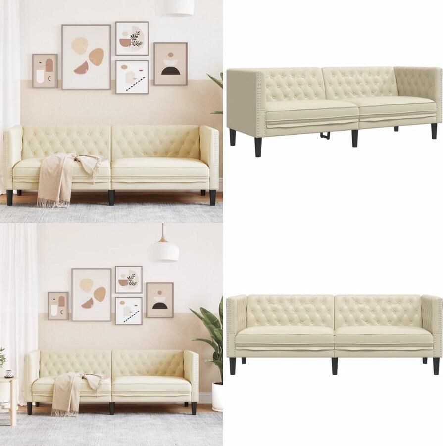 VidaXL Driezitsbank Chesterfield-stijl kunstleer crèmekleurig Chesterfield Bank Chesterfield Banken 3-zitsbank 3-zitsbanken