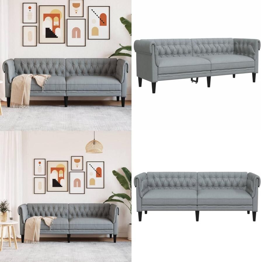 VidaXL Driezitsbank Chesterfield-stijl stof lichtgrijs 3-zitsbank 3-zitsbanken Bank Driezitsbank
