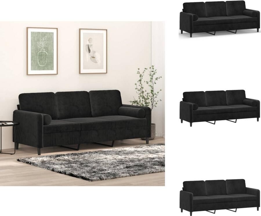 VidaXL Driezitsbank Driezitsbanken 3-zitsbank Bank Driezitsbank met sierkussens 180 cm fluweel zwart - Foto 2